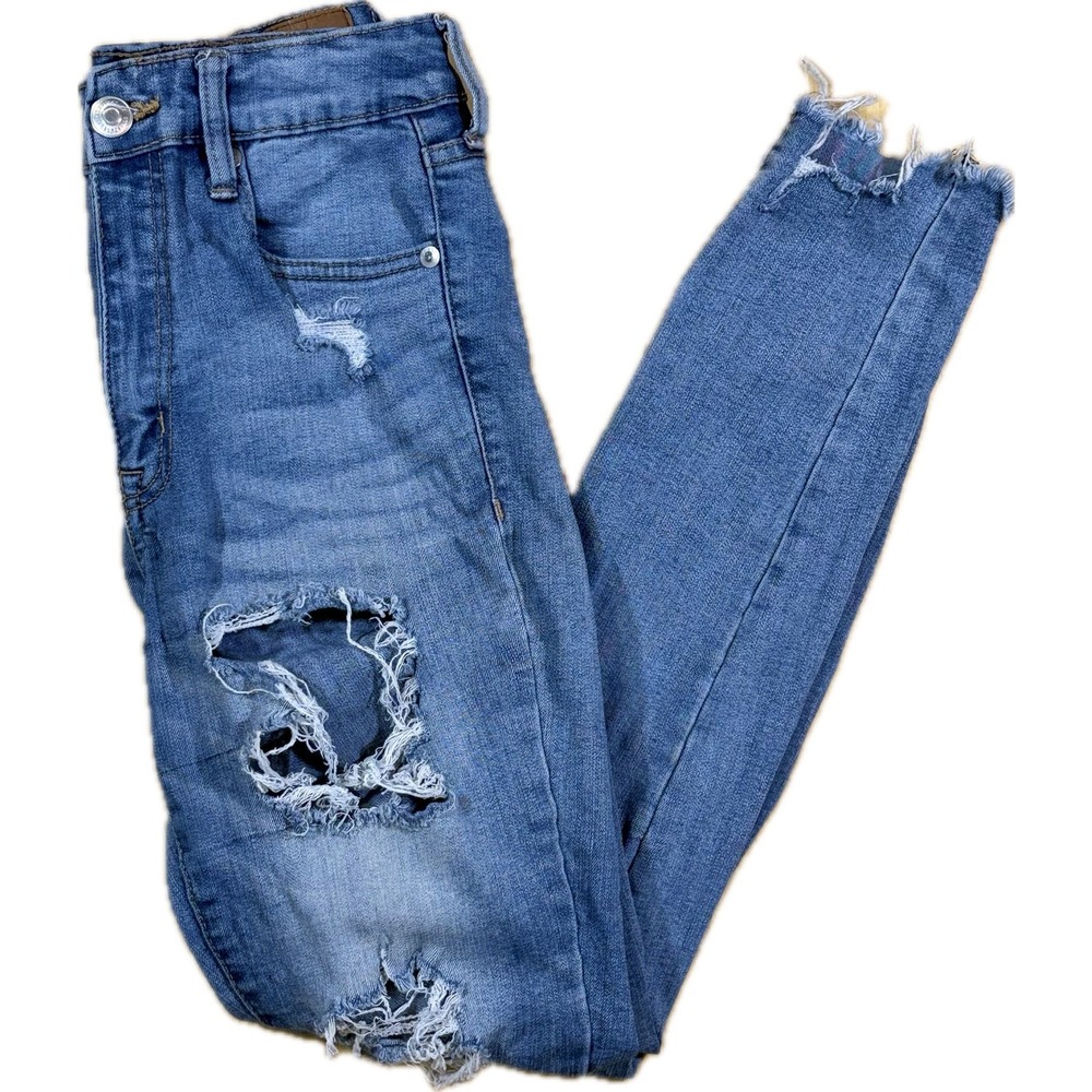 Aeropostale Distressed Skinny Jeggings Women 6 Blue Super High Rise Raw Hem Edgy